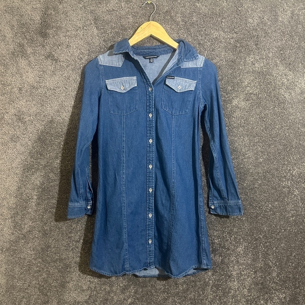 Calvin Klein Girls Denim Shirt Dress L Chambray Yoke Western Y2K Style